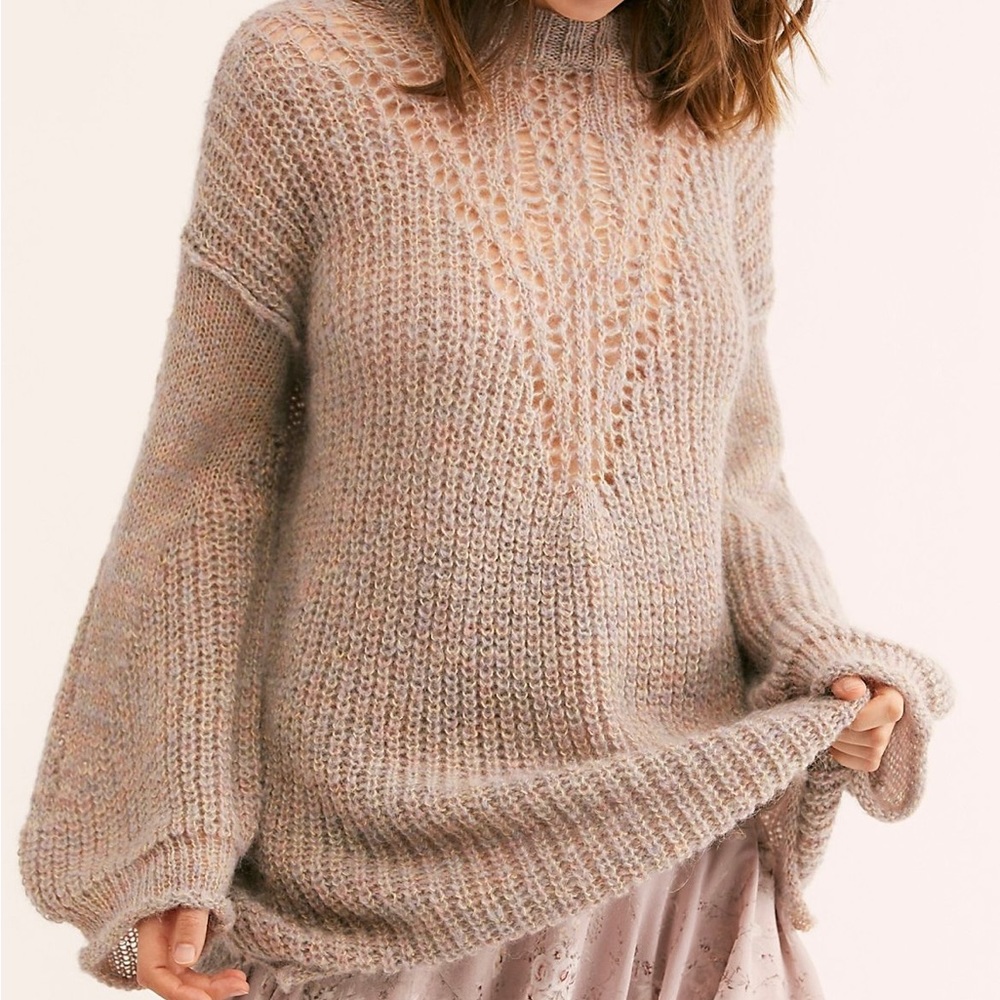 Free People Blush Pink Open Knit Balloon Sleeve Sweater